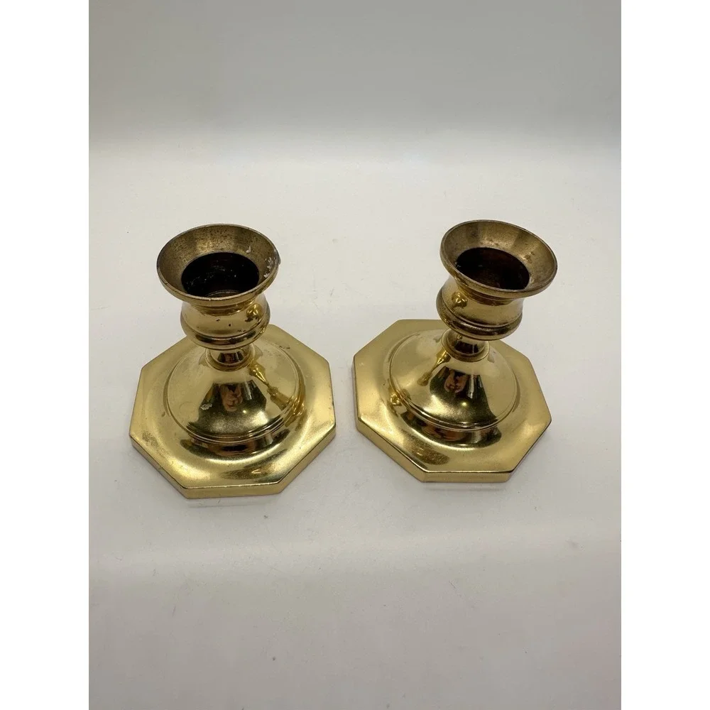 Pair Vintage Solid Brass‎ Octagon Base Candlestick Holders 3.5